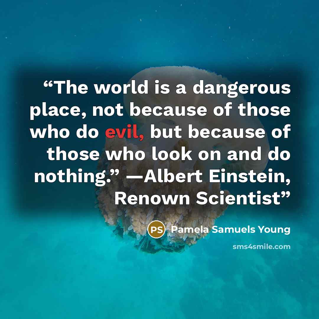 “The world is a dangerous place, not because of those who do evil, but because of those who look on and do nothing.” —Albert Einstein, Renown Scientist” quote by Pamela Samuels Young