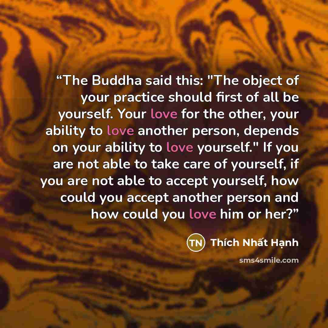 “The Buddha said this: "The object of your practice should first of all be yourself. Your love for the other, your ability to love another person, depends on your ability to love yourself." If you are not able to take care of yourself, if you are not able to accept yourself, how could you accept…” quote by Thích Nhất Hạnh