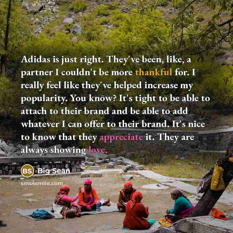 “Adidas is just right. They've been, like, a partner I couldn't be more thankful for. I really feel like they've helped increase my popularity. You know? It's tight to be able to attach to their brand and be able to add whatever I can offer to their brand. It's nice to know that they appreciate it…” quote by Big Sean