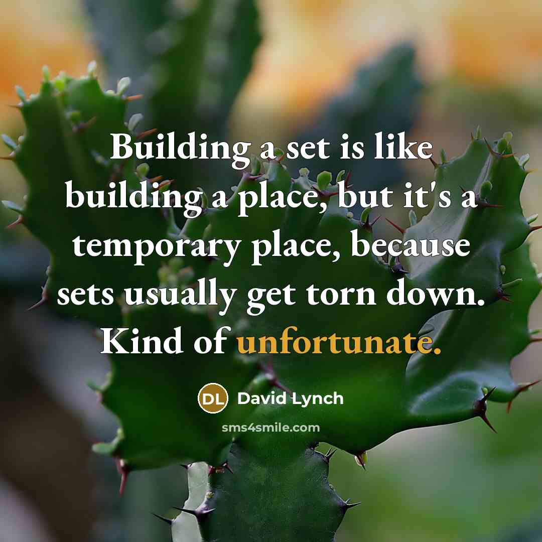 “Building a set is like building a place, but it's a temporary place, because sets usually get torn down. Kind of unfortunate.” quote by David Lynch