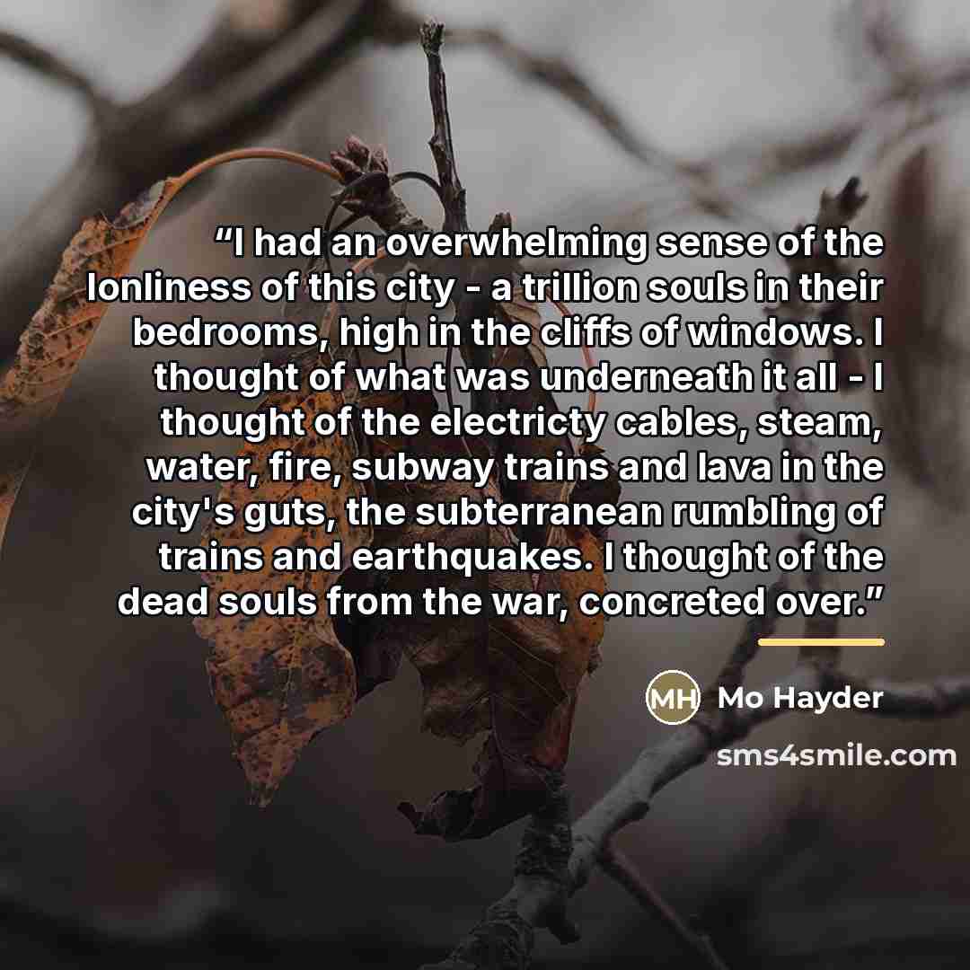 “I had an overwhelming sense of the lonliness of this city - a trillion souls in their bedrooms, high in the cliffs of windows. I thought of what was underneath it all - I thought of the electricty cables, steam, water, fire, subway trains and lava in the city's guts, the subterranean rumbling of…” quote by Mo Hayder