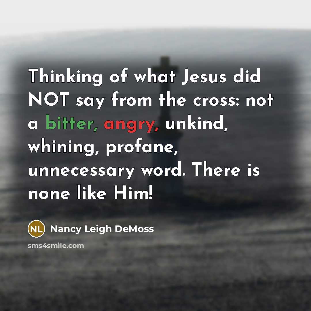 “Thinking of what Jesus did NOT say from the cross: not a bitter, angry, unkind, whining, profane, unnecessary word. There is none like Him!” quote by Nancy Leigh DeMoss