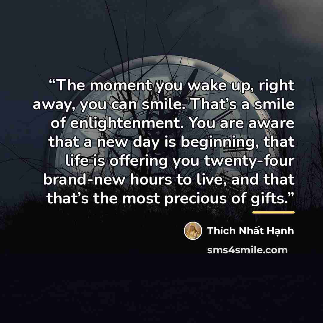 “The moment you wake up, right away, you can smile. That’s a smile of enlightenment. You are aware that a new day is beginning, that life is offering you twenty-four brand-new hours to live, and that that’s the most precious of gifts.” quote by Thích Nhất Hạnh
