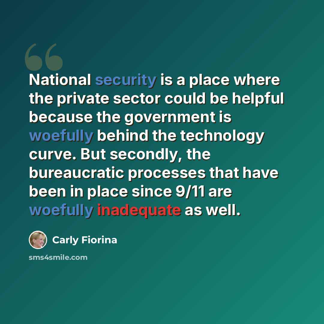 “National security is a place where the private sector could be helpful because the government is woefully behind the technology curve. But secondly, the bureaucratic processes that have been in place since 9/11 are woefully inadequate as well.” quote by Carly Fiorina