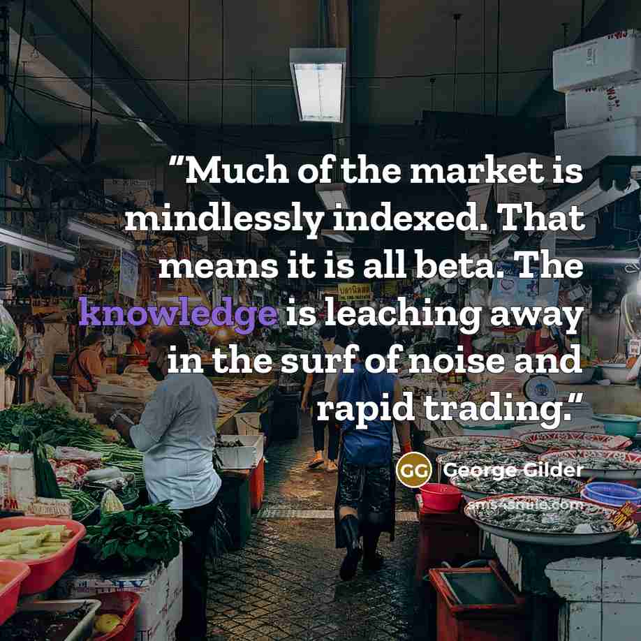 “Much of the market is mindlessly indexed. That means it is all beta. The knowledge is leaching away in the surf of noise and rapid trading.” quote by George Gilder
