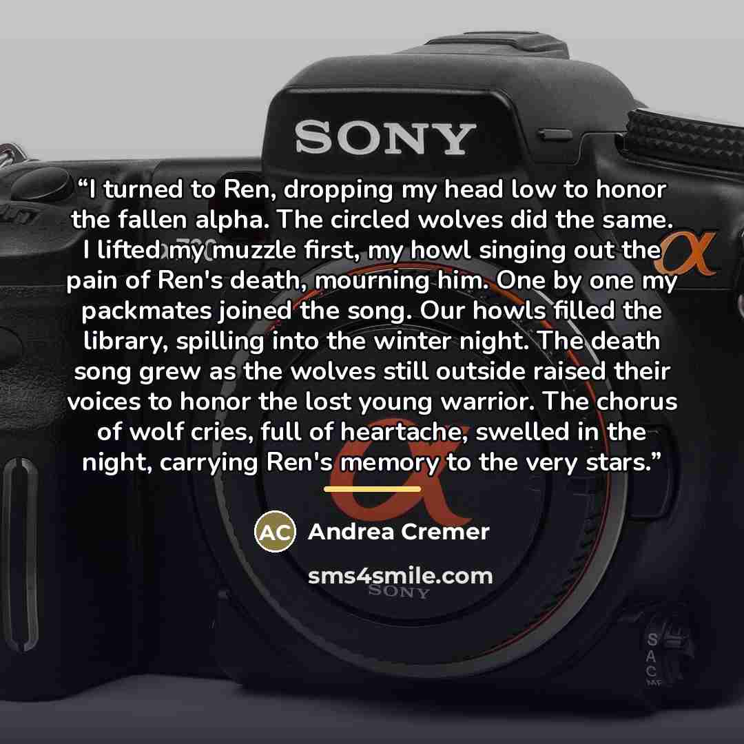“I turned to Ren, dropping my head low to honor the fallen alpha. The circled wolves did the same. I lifted my muzzle first, my howl singing out the pain of Ren's death, mourning him. One by one my packmates joined the song. Our howls filled the library, spilling into the winter night. The death…” quote by Andrea Cremer