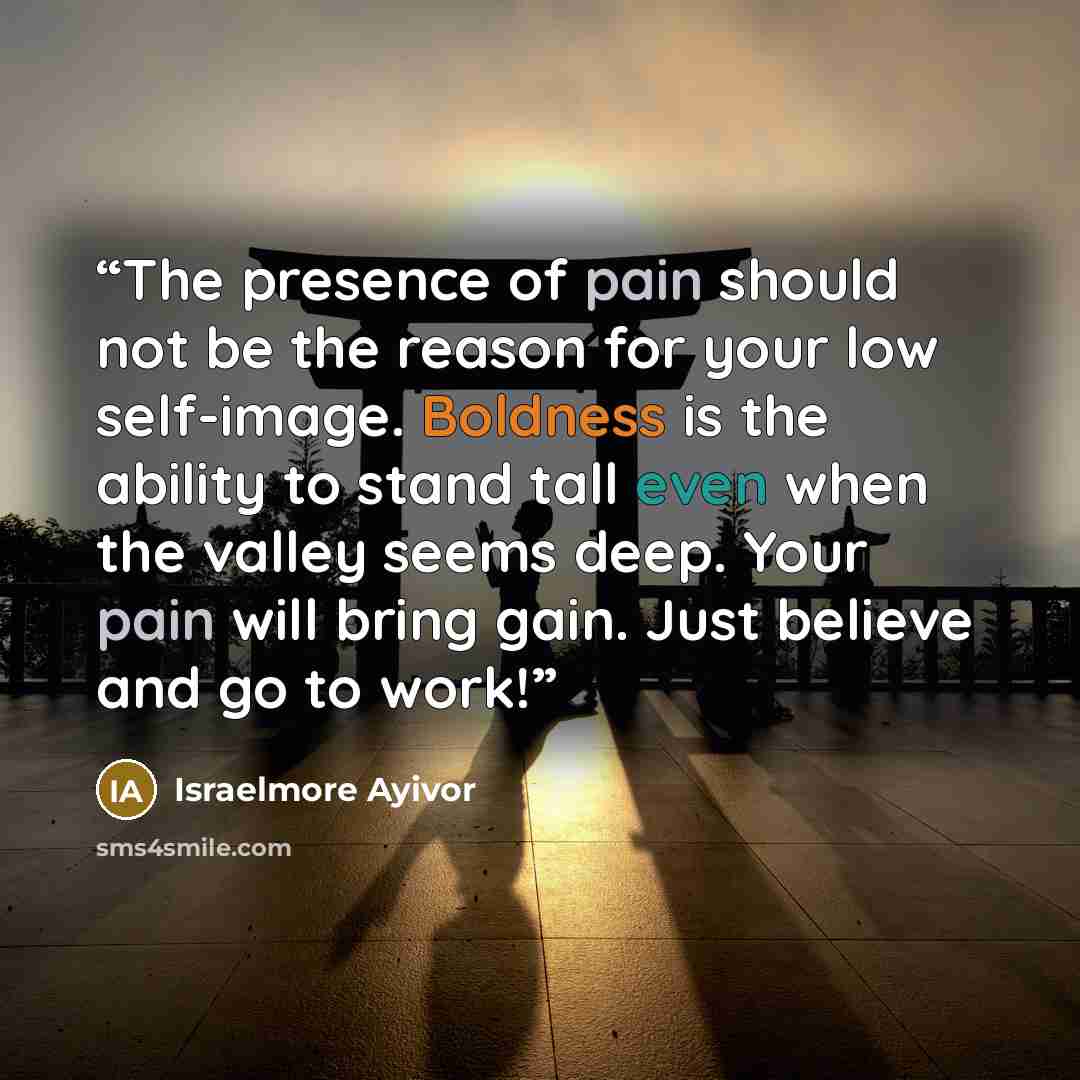 “The presence of pain should not be the reason for your low self-image. Boldness is the ability to stand tall even when the valley seems deep. Your pain will bring gain. Just believe and go to work!” quote by Israelmore Ayivor