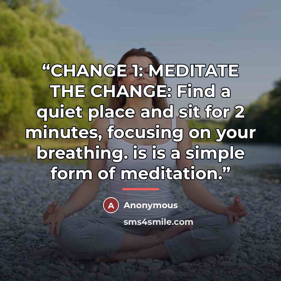 “CHANGE 1: MEDITATE THE CHANGE: Find a quiet place and sit for 2 minutes, focusing on your breathing. is is a simple form of meditation.” quote by Anonymous