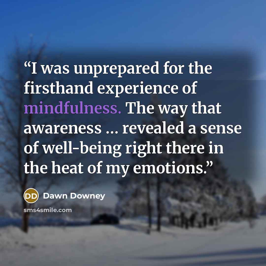 “I was unprepared for the firsthand experience of mindfulness. The way that awareness … revealed a sense of well-being right there in the heat of my emotions.” quote by Dawn Downey
