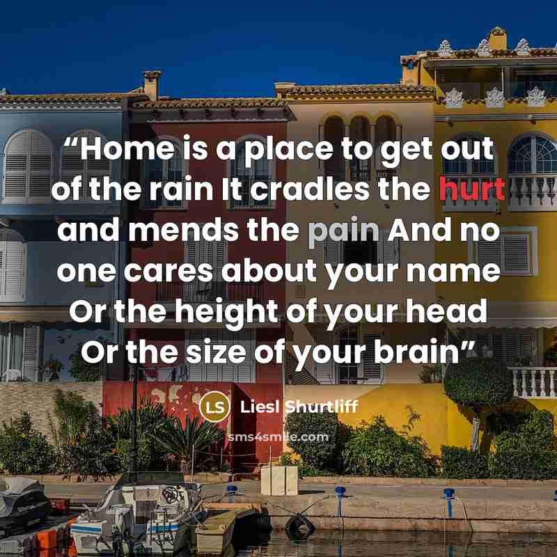 “Home is a place to get out of the rain It cradles the hurt and mends the pain And no one cares about your name Or the height of your head Or the size of your brain” quote by Liesl Shurtliff