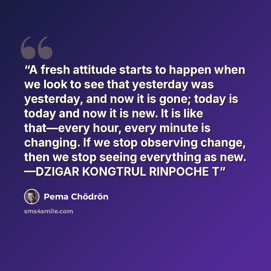 “A fresh attitude starts to happen when we look to see that yesterday was yesterday, and now it is gone; today is today and now it is new. It is like that—every hour, every minute is changing. If we stop observing change, then we stop seeing everything as new. —DZIGAR KONGTRUL RINPOCHE T” quote by Pema Chödrön