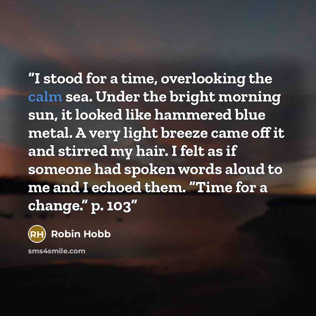 “I stood for a time, overlooking the calm sea. Under the bright morning sun, it looked like hammered blue metal. A very light breeze came off it and stirred my hair. I felt as if someone had spoken words aloud to me and I echoed them. “Time for a change.” p. 103” quote by Robin Hobb