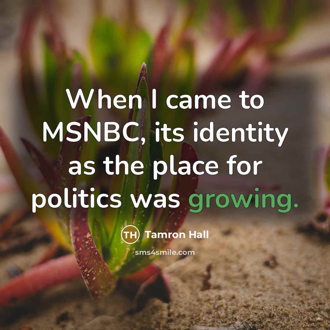 “When I came to MSNBC, its identity as the place for politics was growing.” quote by Tamron Hall