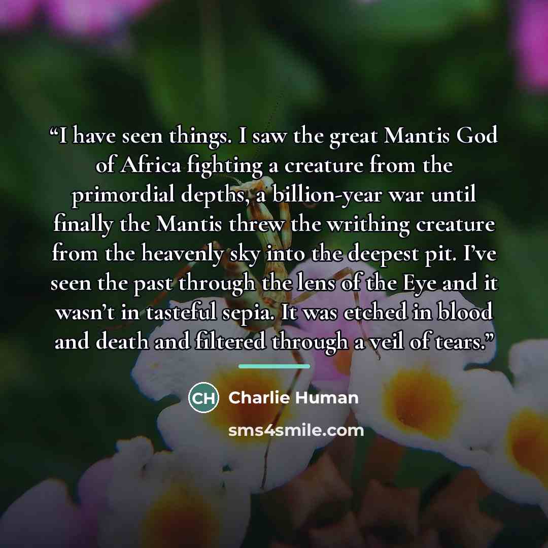 “I have seen things. I saw the great Mantis God of Africa fighting a creature from the primordial depths, a billion-year war until finally the Mantis threw the writhing creature from the heavenly sky into the deepest pit. I’ve seen the past through the lens of the Eye and it wasn’t in tasteful…” quote by Charlie Human