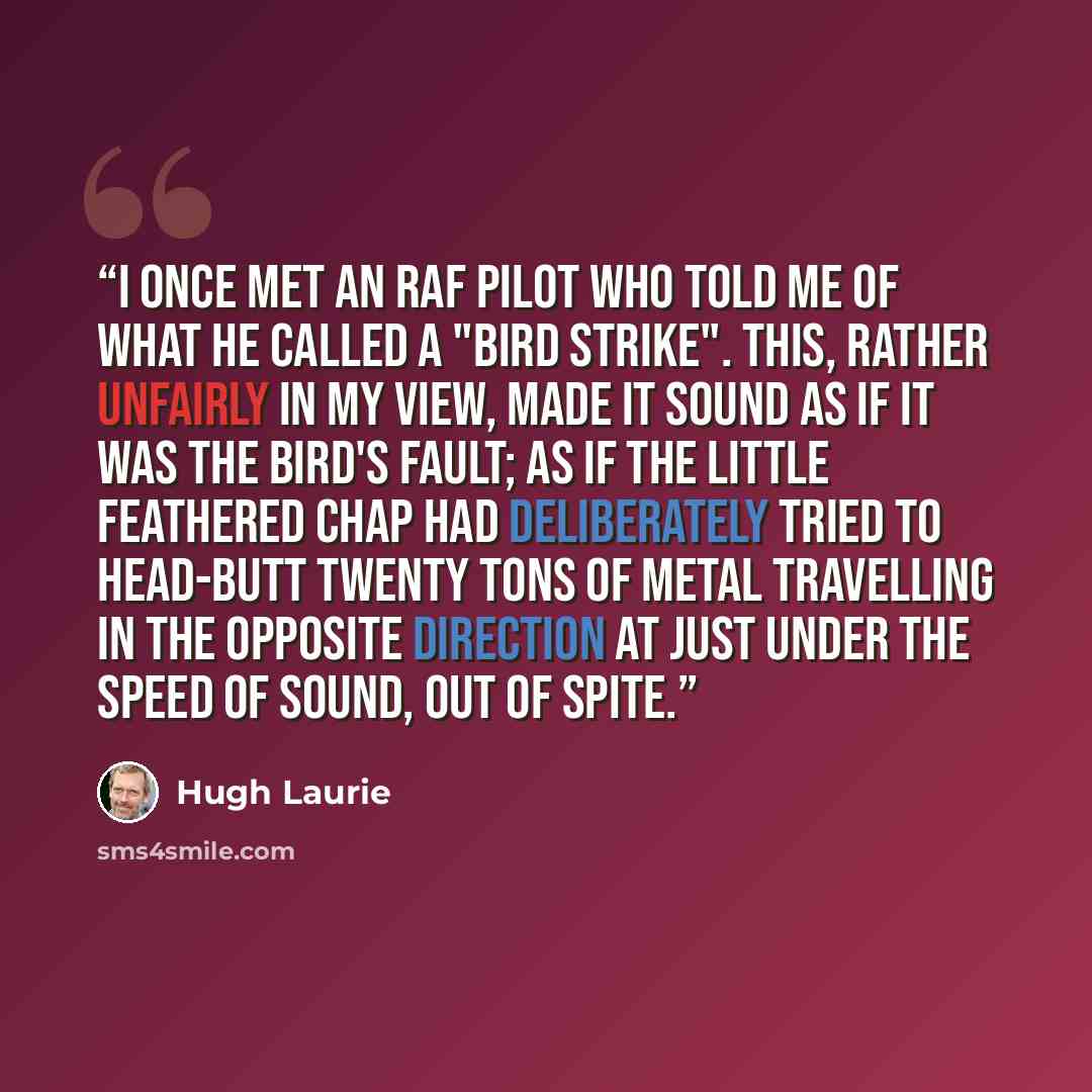 “I once met an RAF pilot who told me of what he called a "bird strike". This, rather unfairly in my view, made it sound as if it was the bird's fault; as if the little feathered chap had deliberately tried to head-butt twenty tons of metal travelling in the opposite direction at just under the…” quote by Hugh Laurie