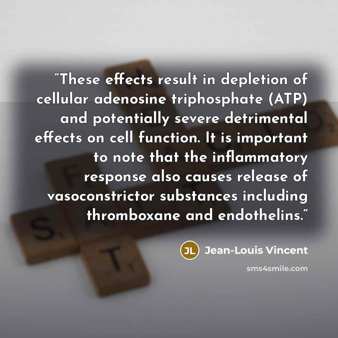 “These effects result in depletion of cellular adenosine triphosphate (ATP) and potentially severe detrimental effects on cell function. It is important to note that the inflammatory response also causes release of vasoconstrictor substances including thromboxane and endothelins.” quote by Jean-Louis Vincent