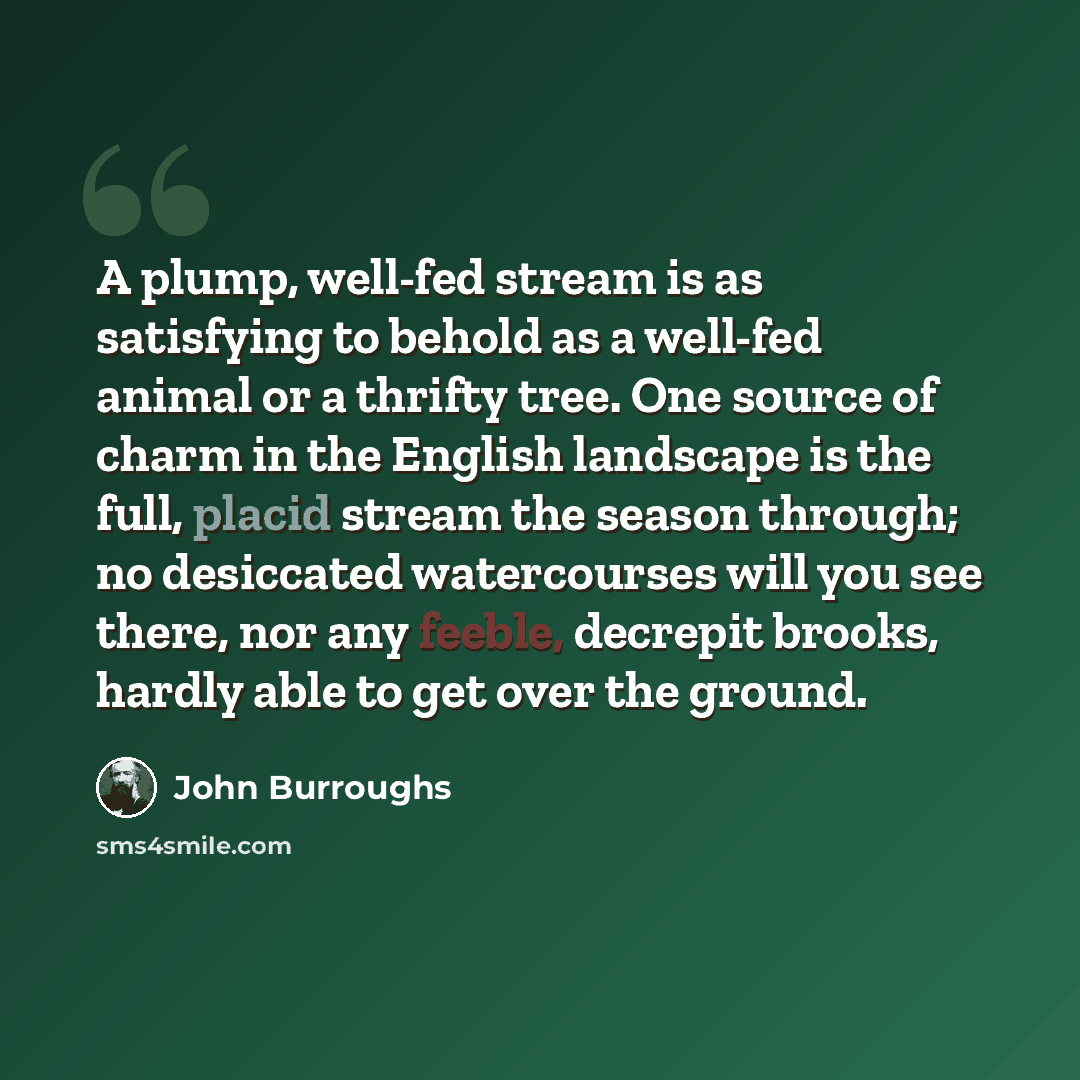 “A plump, well-fed stream is as satisfying to behold as a well-fed animal or a thrifty tree. One source of charm in the English landscape is the full, placid stream the season through; no desiccated watercourses will you see there, nor any feeble, decrepit brooks, hardly able to get over the ground.” quote by John Burroughs