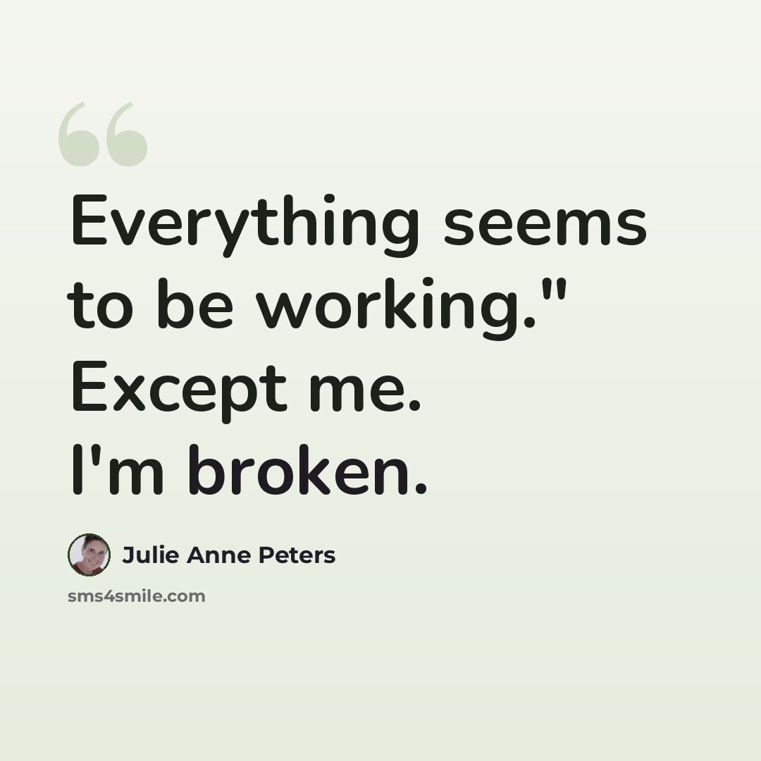 “Everything seems to be working." Except me. I'm broken.” quote by Julie Anne Peters