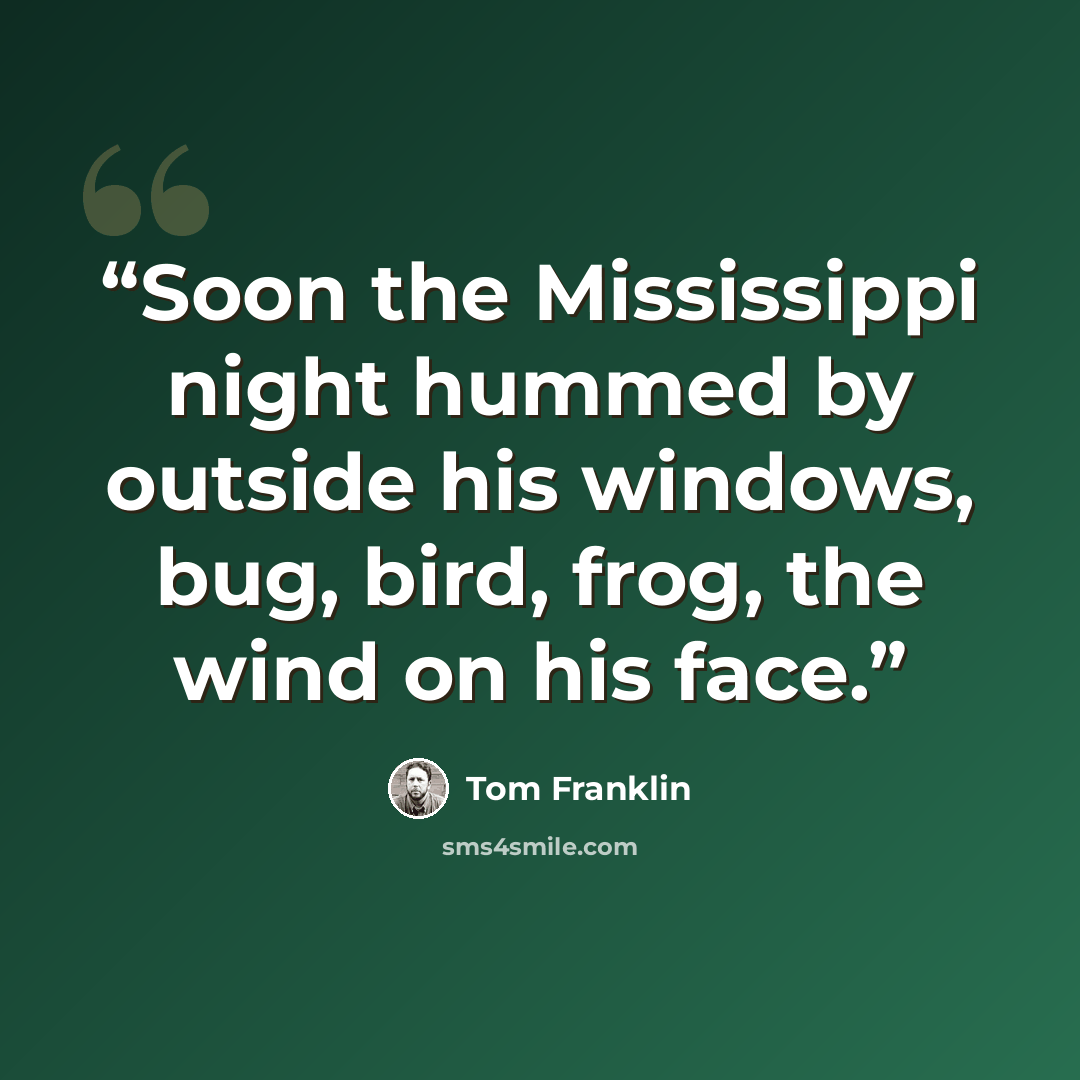 “Soon the Mississippi night hummed by outside his windows, bug, bird, frog, the wind on his face.” quote by Tom Franklin