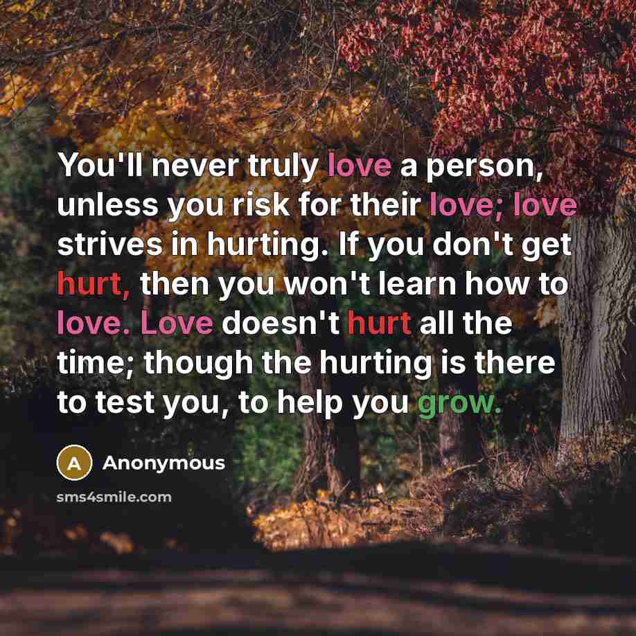 “You'll never truly love a person, unless you risk for their love; love strives in hurting. If you don't get hurt, then you won't learn how to love. Love doesn't hurt all the time; though the hurting is there to test you, to help you grow.” quote by Anonymous