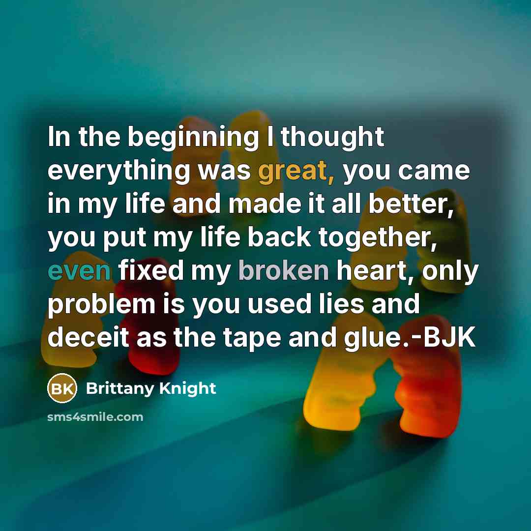 “In the beginning I thought everything was great, you came in my life and made it all better, you put my life back together, even fixed my broken heart, only problem is you used lies and deceit as the tape and glue.-BJK” quote by Brittany Knight