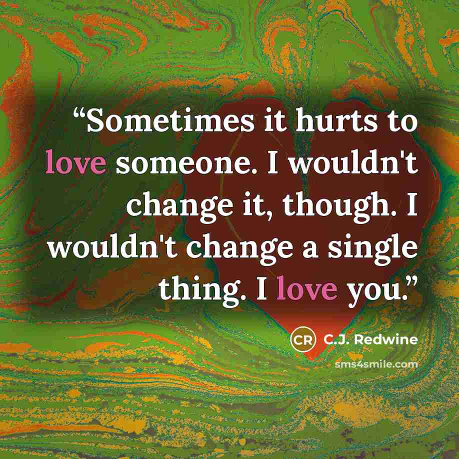 “Sometimes it hurts to love someone. I wouldn't change it, though. I wouldn't change a single thing. I love you.” quote by C.J. Redwine
