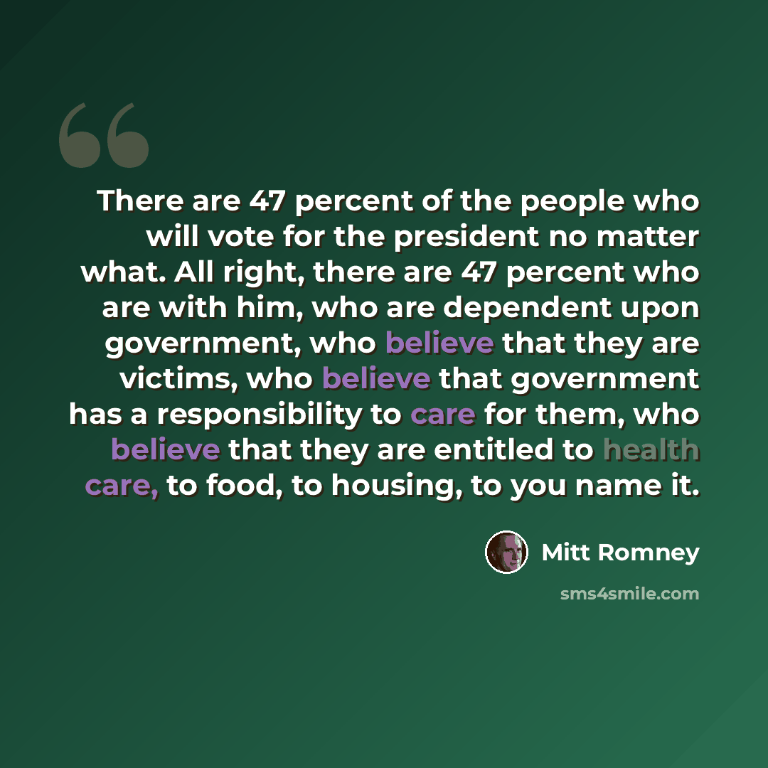 “There are 47 percent of the people who will vote for the president no matter what. All right, there are 47 percent who are with him, who are dependent upon government, who believe that they are victims, who believe that government has a responsibility to care for them, who believe that they are…” quote by Mitt Romney