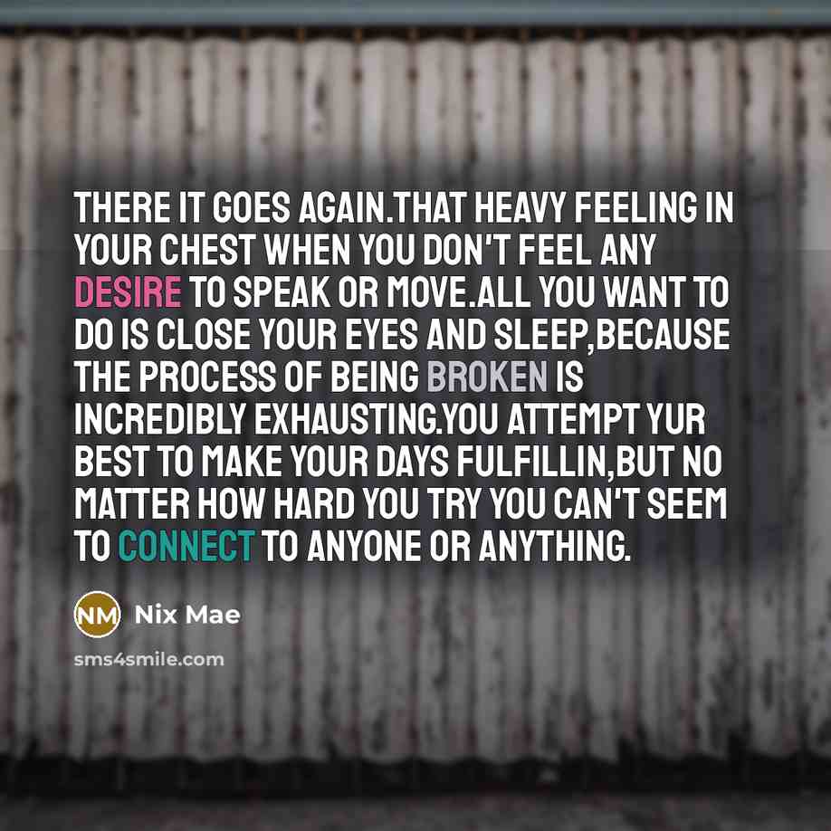 “There it goes again.That heavy feeling in your chest when you don't feel any desire to speak or move.All you want to do is close your eyes and sleep,because the process of being broken is incredibly exhausting.You attempt yur best to make your days fulfillin,but no matter how hard you try you…” quote by Nix Mae