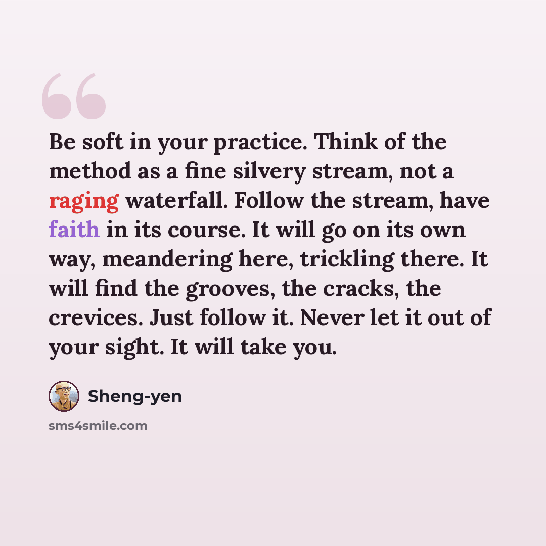 “Be soft in your practice. Think of the method as a fine silvery stream, not a raging waterfall. Follow the stream, have faith in its course. It will go on its own way, meandering here, trickling there. It will find the grooves, the cracks, the crevices. Just follow it. Never let it out of your…” quote by Sheng-yen
