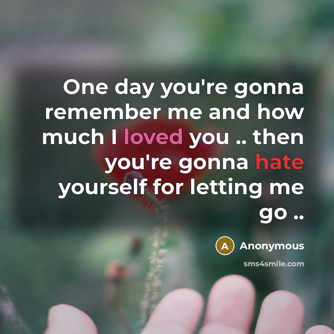 “One day you're gonna remember me and how much I loved you .. then you're gonna hate yourself for letting me go ..” quote by Anonymous