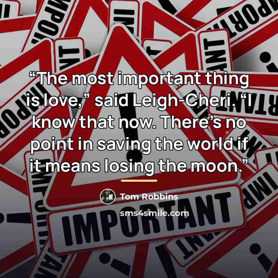 “The most important thing is love,” said Leigh-Cheri. “I know that now. There’s no point in saving the world if it means losing the moon.” quote by Tom Robbins