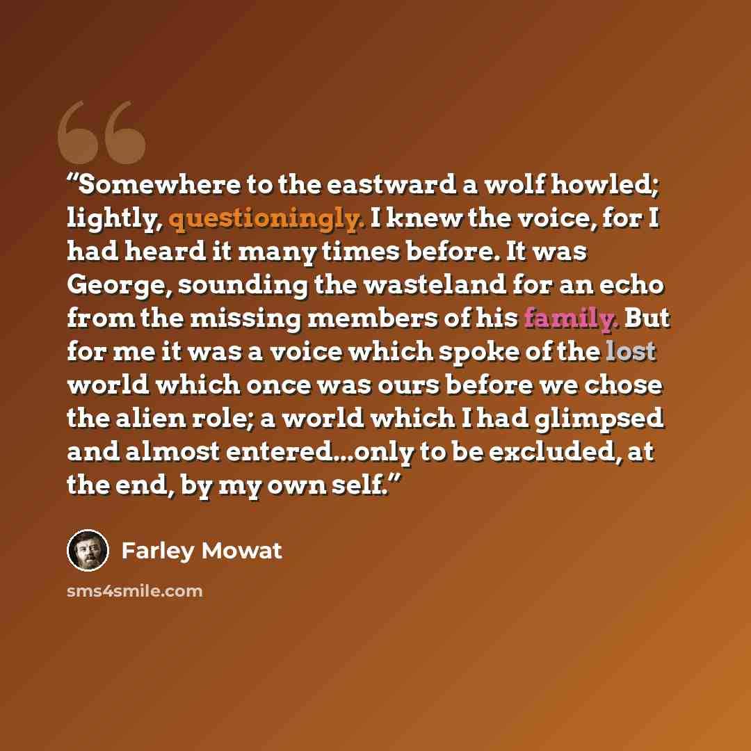 “Somewhere to the eastward a wolf howled; lightly, questioningly. I knew the voice, for I had heard it many times before. It was George, sounding the wasteland for an echo from the missing members of his family. But for me it was a voice which spoke of the lost world which once was ours before we…” quote by Farley Mowat
