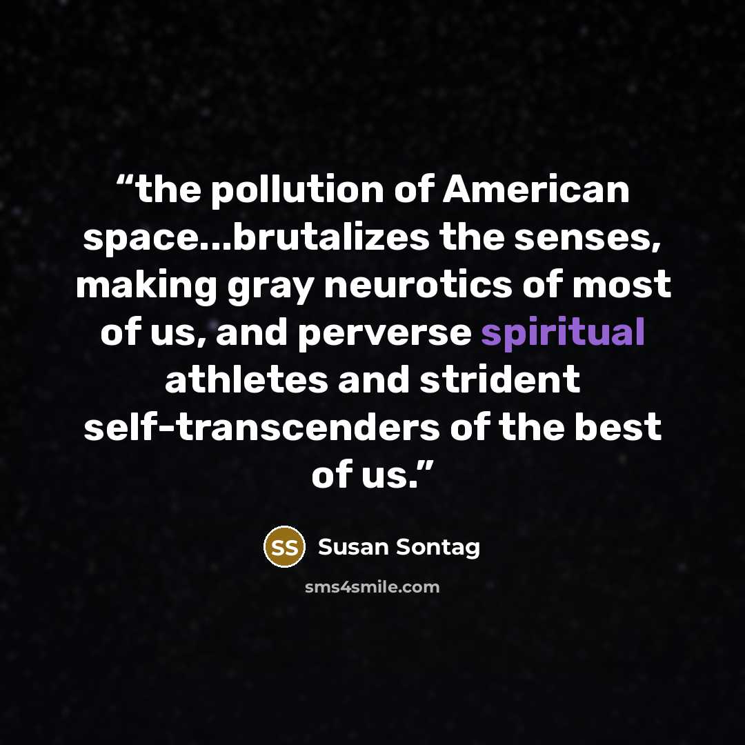 “the pollution of American space...brutalizes the senses, making gray neurotics of most of us, and perverse spiritual athletes and strident self-transcenders of the best of us.” quote by Susan Sontag