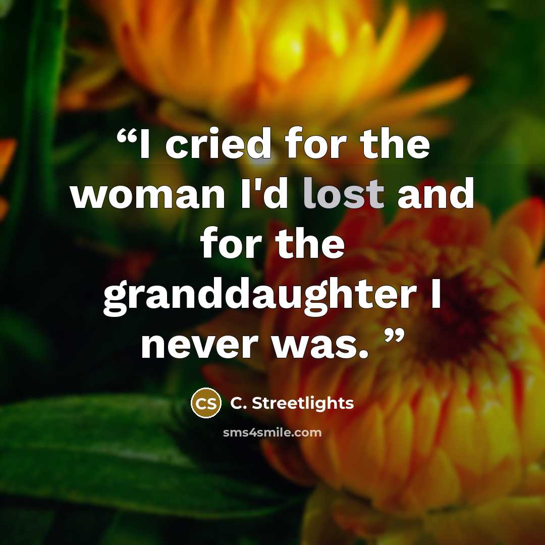“I cried for the woman I'd lost and for the granddaughter I never was.” quote by C. Streetlights