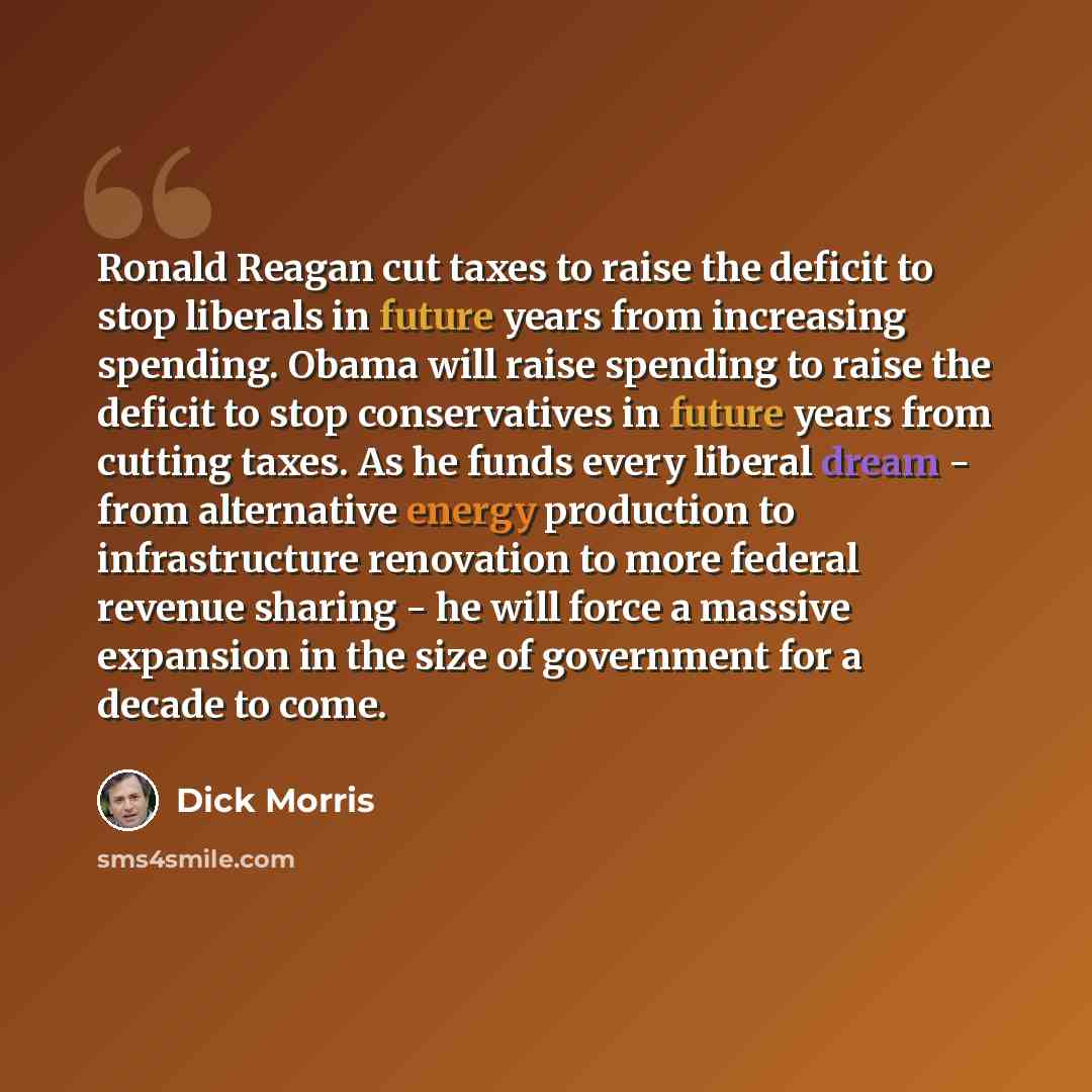 “Ronald Reagan cut taxes to raise the deficit to stop liberals in future years from increasing spending. Obama will raise spending to raise the deficit to stop conservatives in future years from cutting taxes. As he funds every liberal dream - from alternative energy production to infrastructure…” quote by Dick Morris