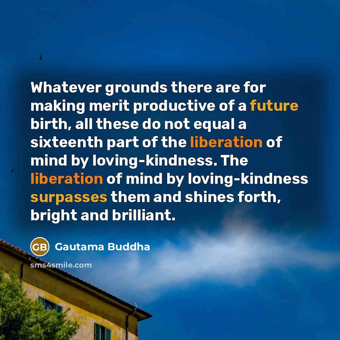 “Whatever grounds there are for making merit productive of a future birth, all these do not equal a sixteenth part of the liberation of mind by loving-kindness. The liberation of mind by loving-kindness surpasses them and shines forth, bright and brilliant.” quote by Gautama Buddha