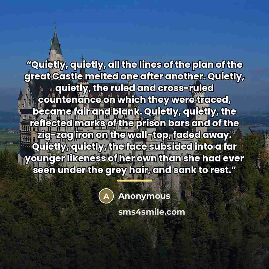 “Quietly, quietly, all the lines of the plan of the great Castle melted one after another. Quietly, quietly, the ruled and cross-ruled countenance on which they were traced, became fair and blank. Quietly, quietly, the reflected marks of the prison bars and of the zig-zag iron on the wall-top…” quote by Anonymous