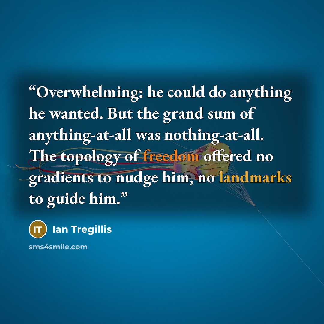 “Overwhelming: he could do anything he wanted. But the grand sum of anything-at-all was nothing-at-all. The topology of freedom offered no gradients to nudge him, no landmarks to guide him.” quote by Ian Tregillis