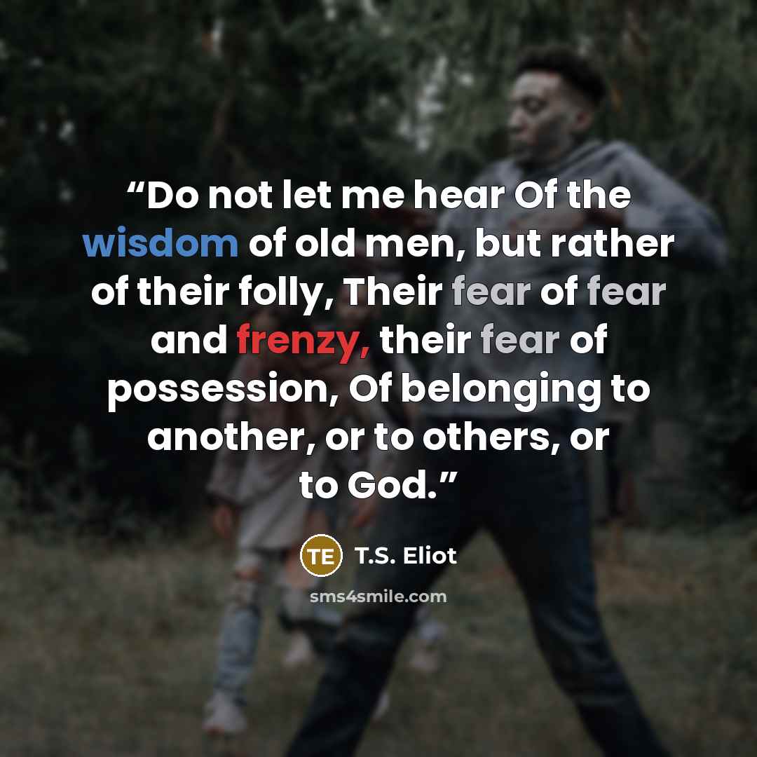 “Do not let me hear Of the wisdom of old men, but rather of their folly, Their fear of fear and frenzy, their fear of possession, Of belonging to another, or to others, or to God.” quote by T.S. Eliot