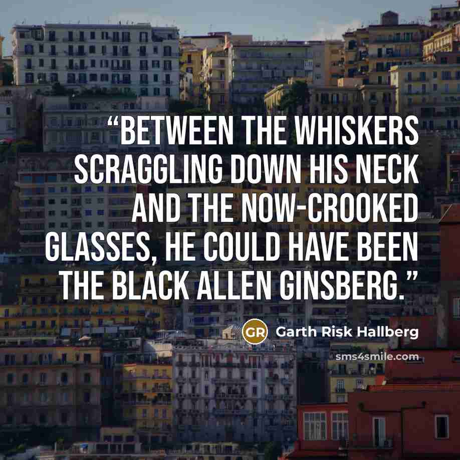“Between the whiskers scraggling down his neck and the now-crooked glasses, he could have been the Black Allen Ginsberg.” quote by Garth Risk Hallberg