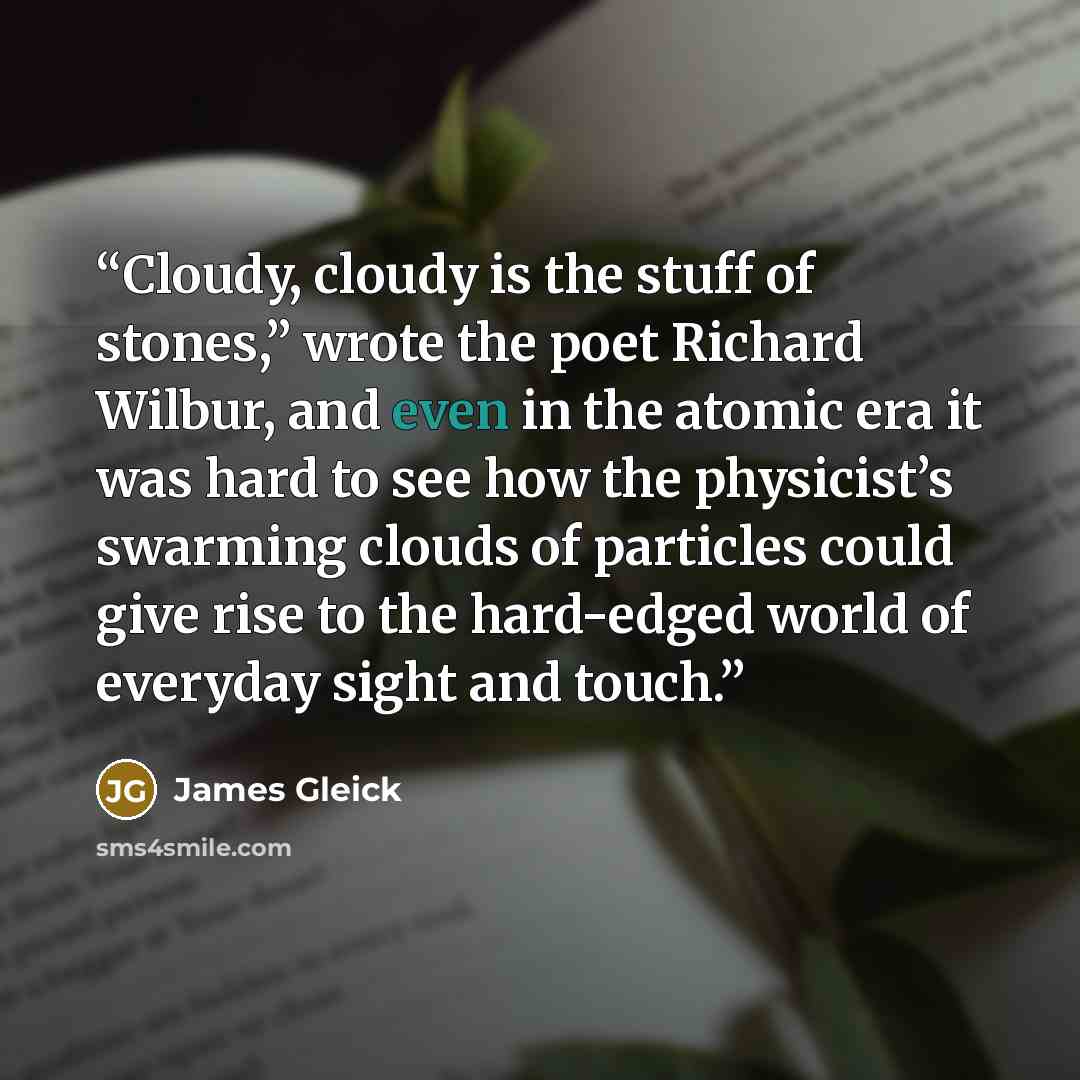 “Cloudy, cloudy is the stuff of stones,” wrote the poet Richard Wilbur, and even in the atomic era it was hard to see how the physicist’s swarming clouds of particles could give rise to the hard-edged world of everyday sight and touch.” quote by James Gleick