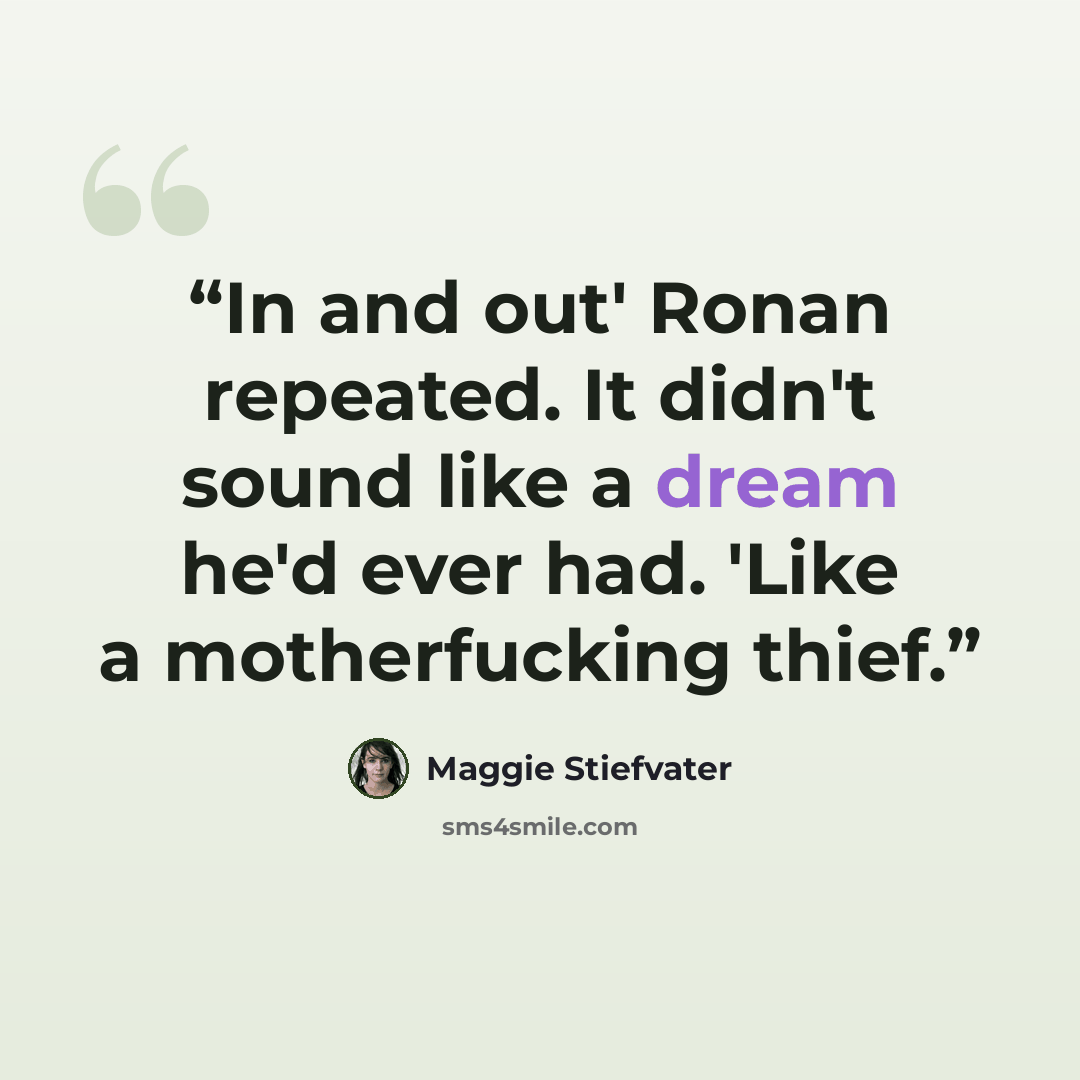 “In and out' Ronan repeated. It didn't sound like a dream he'd ever had. 'Like a motherfucking thief.” quote by Maggie Stiefvater