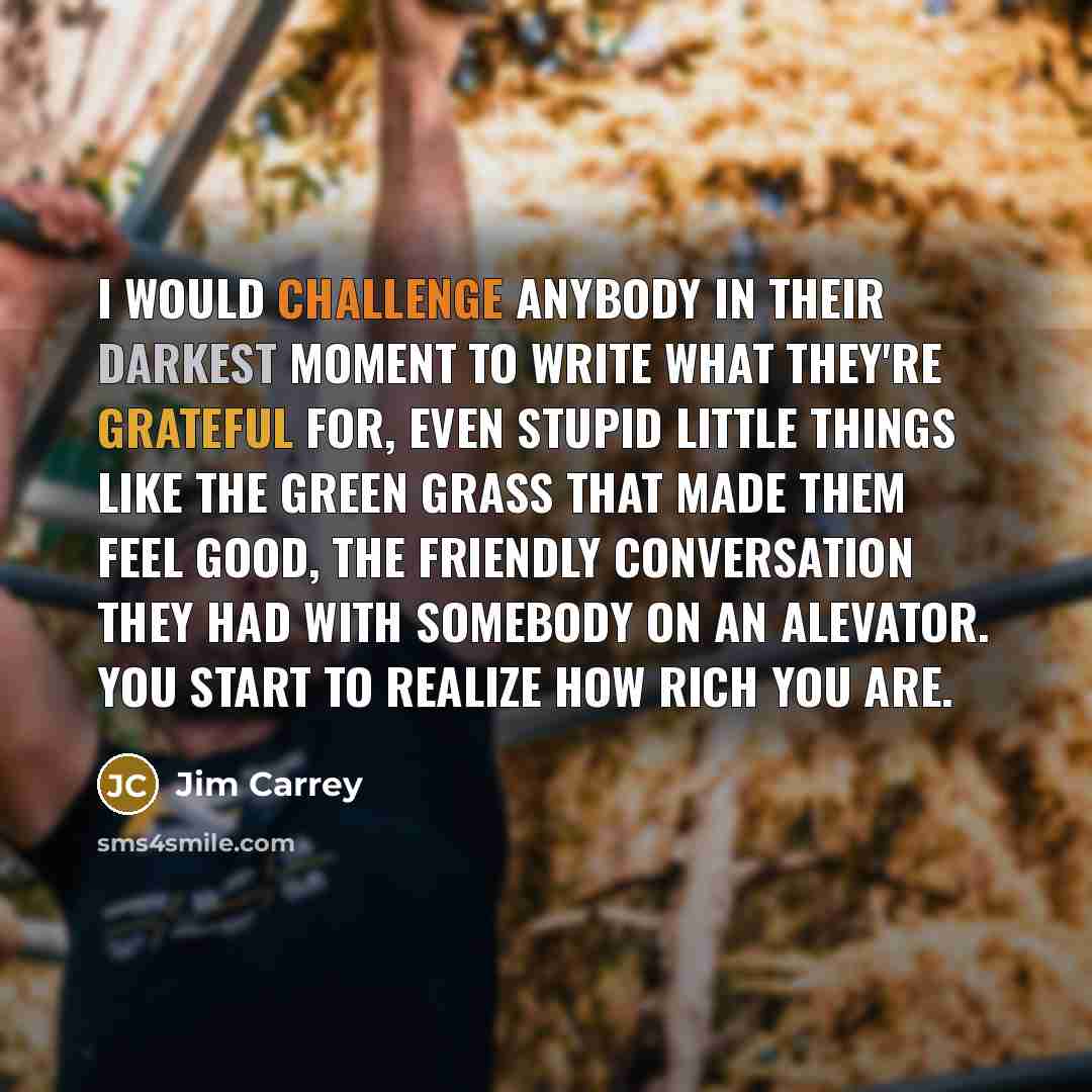 “I would challenge anybody in their darkest moment to write what they're grateful for, even stupid little things like the green grass that made them feel good, the friendly conversation they had with somebody on an alevator. You start to realize how rich you are.” quote by Jim Carrey