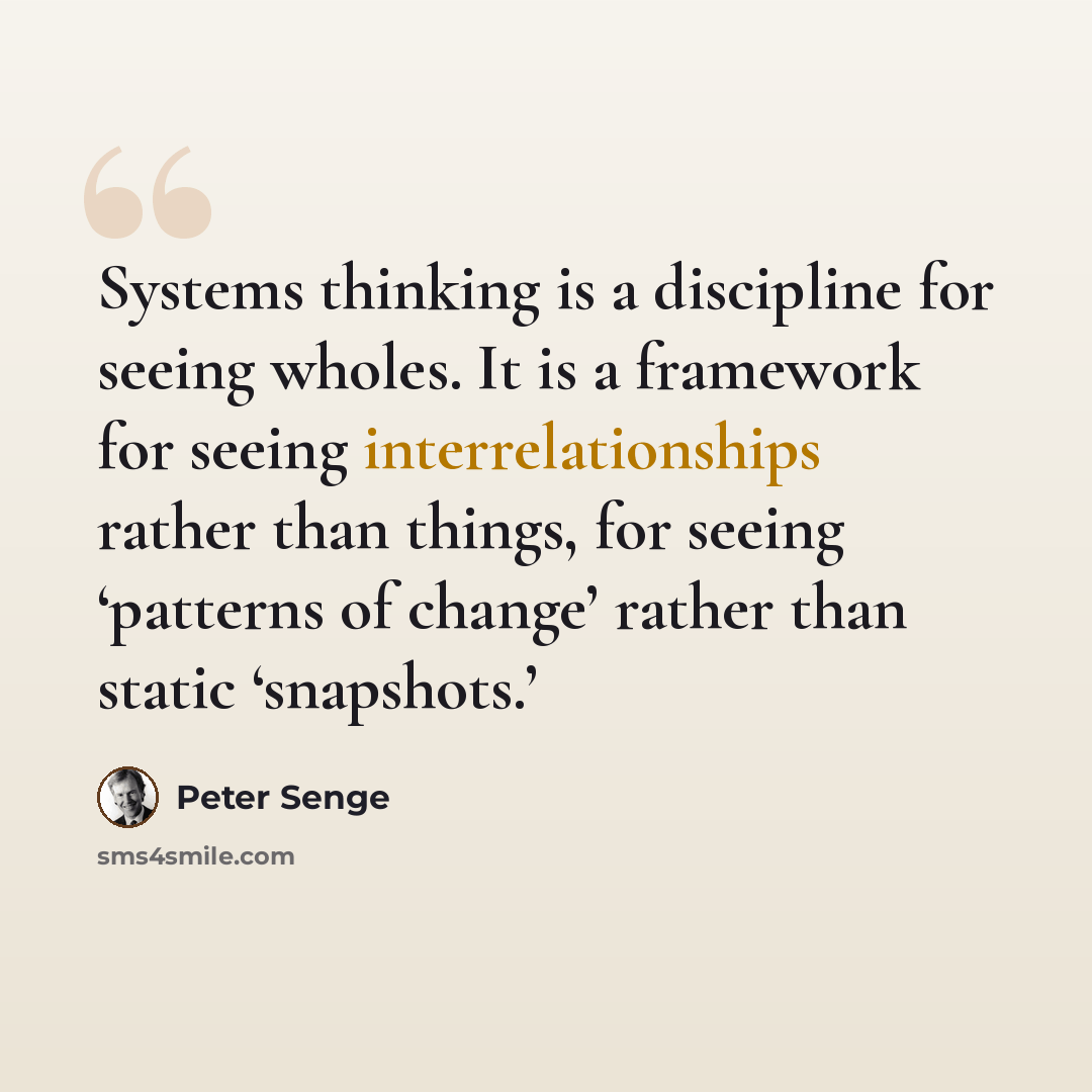 “Systems thinking is a discipline for seeing wholes. It is a framework for seeing interrelationships rather than things, for seeing ‘patterns of change’ rather than static ‘snapshots.’” quote by Peter Senge