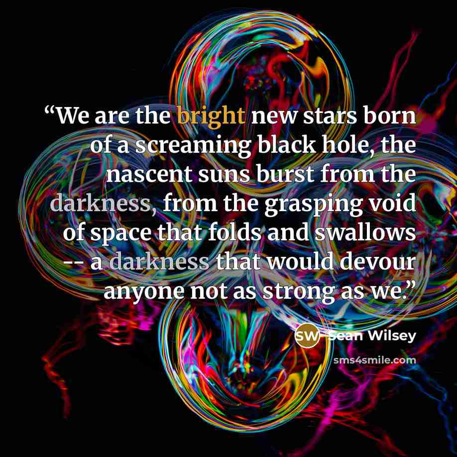 “We are the bright new stars born of a screaming black hole, the nascent suns burst from the darkness, from the grasping void of space that folds and swallows -- a darkness that would devour anyone not as strong as we.” quote by Sean Wilsey