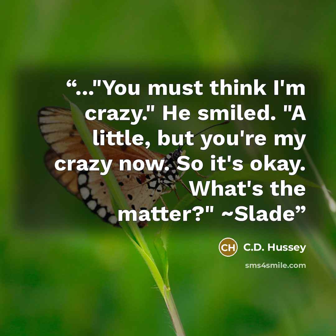 “..."You must think I'm crazy." He smiled. "A little, but you're my crazy now. So it's okay. What's the matter?" ~Slade” quote by C.D. Hussey