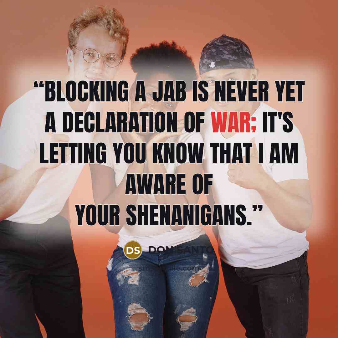 “Blocking a jab is never yet a declaration of war; it's letting you know that I am aware of your shenanigans.” quote by DON SANTO