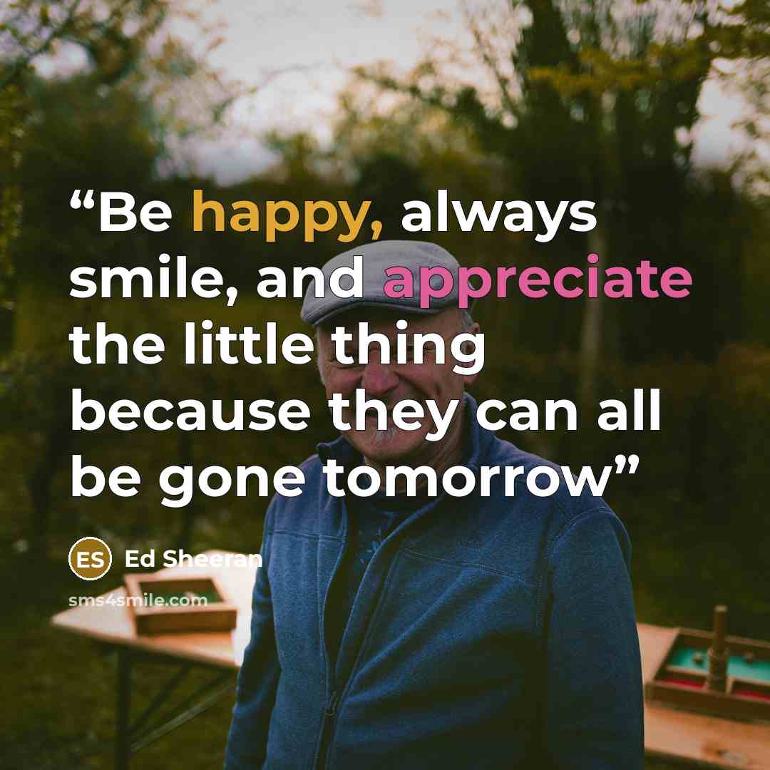 “Be happy, always smile, and appreciate the little thing because they can all be gone tomorrow” quote by Ed Sheeran