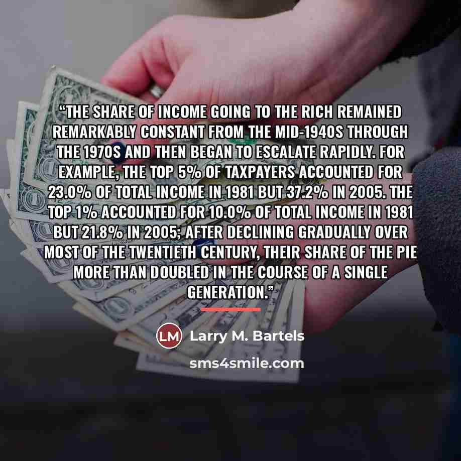 “The share of income going to the rich remained remarkably constant from the mid-1940s through the 1970s and then began to escalate rapidly. For example, the top 5% of taxpayers accounted for 23.0% of total income in 1981 but 37.2% in 2005. The top 1% accounted for 10.0% of total income in 1981 but…” quote by Larry M. Bartels
