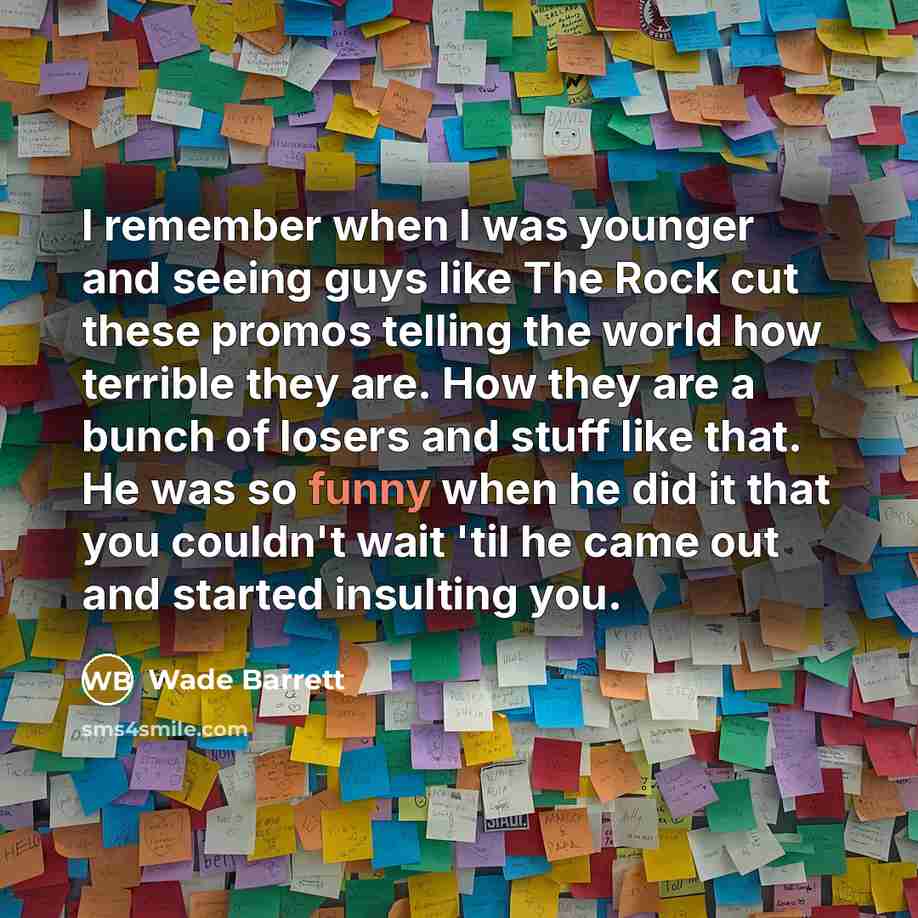 “I remember when I was younger and seeing guys like The Rock cut these promos telling the world how terrible they are. How they are a bunch of losers and stuff like that. He was so funny when he did it that you couldn't wait 'til he came out and started insulting you.” quote by Wade Barrett